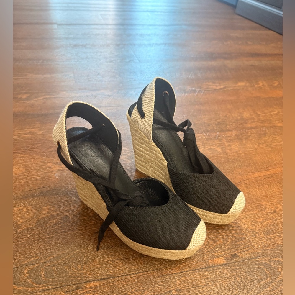Black and Natural Women’s Espadrille Wedge Sandals - Picture 2 of 5